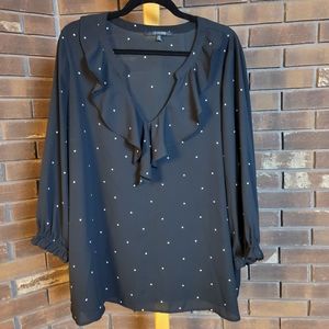 19 Cooper black and white polka dot v neck ruffle collar 3/4 sleeve blouse